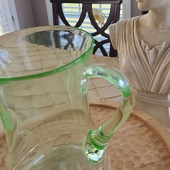 Vintage Vaseline Glass Pitcher Uranium Etched Glass Floral - Picture 5 of 13